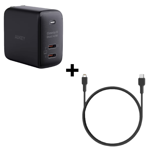 Bộ Combo cáp sạc Aukey 45W Type-C to Lightning màu đen