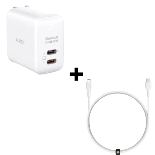 Bộ Combo cáp sạc Aukey 45W USB-C to Lightning màu trắng
